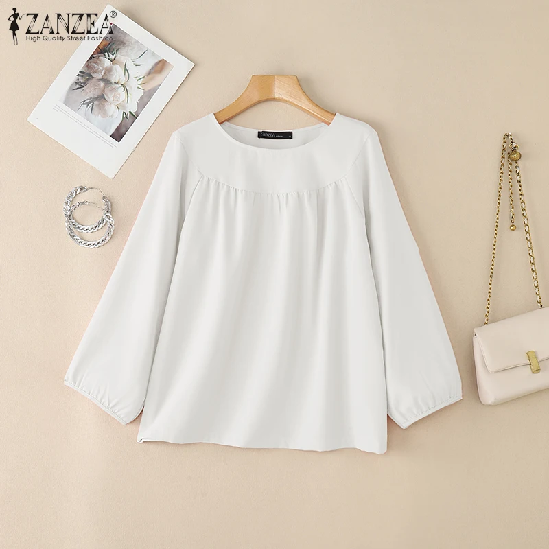 بلوزات نسائية مجمعة من ZANZEA بلوزات غير رسمية برقبة دائرية وأكمام واسعة وبلوزات يومية للخريف بلوزات فضفاضة متينة كبيرة الحجم #5