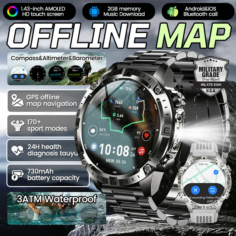 

New Built in GPS Offline Map Smart Watch Men Outdoor Compass Altimeter 3ATM Waterproof 730mAh Battery BT Call Sports Smartwatch