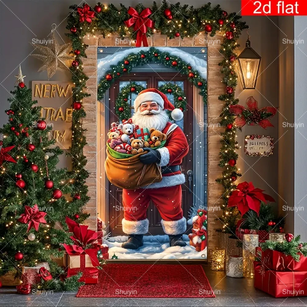 1Pc Santa Claus 2D Door Banner Merry Christmas Party Decor for Indoor Outdoor Front Door Home Wall New Year Eve Backdrop Curtain