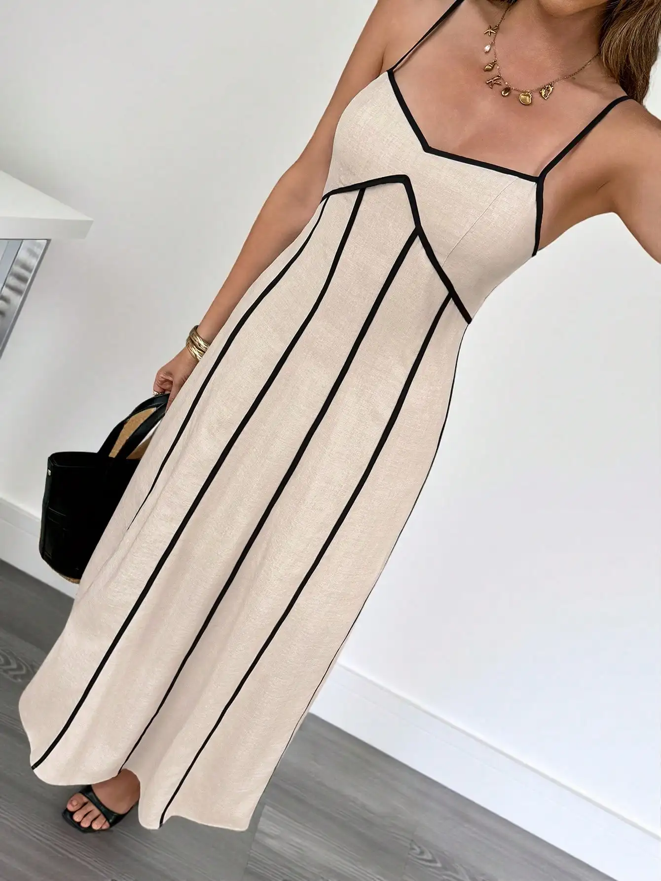 

Бежевое платье-миди А-силуэта с контрастной отделкой для женщин, повседневное, для праздников и вечеринок