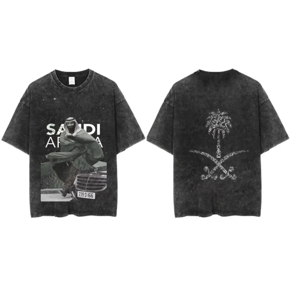 تي شيرت قطني صيفي مغسول المملكة العربية السعودية للرجال بأكمام قصيرة موضة ريترو جديدة ملابس الشارع للرجال والنساء #5