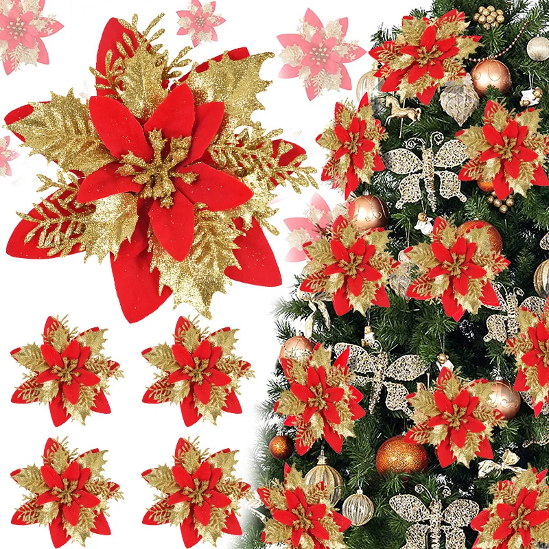 5/10 Stück 14CM Glitzer Künstliche Weihnachtsblumen Christbaumschmuck Frohe Weihnachten Dekorationen für Zuhause Neujahrsgeschenk Navidad – Detail 11
