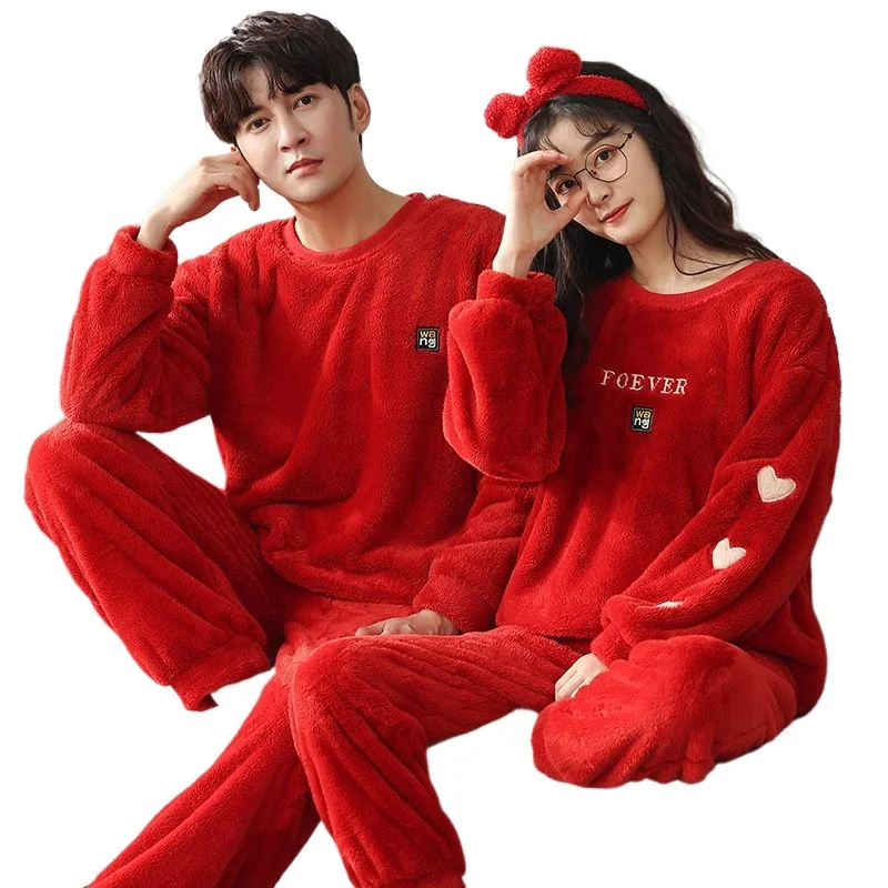 Flannel and Fleece Thickened Sweet Cartoon Round Neck Wear Trousers Over A Home Suit To Keep Warm Pajamat New Couple Nightdress