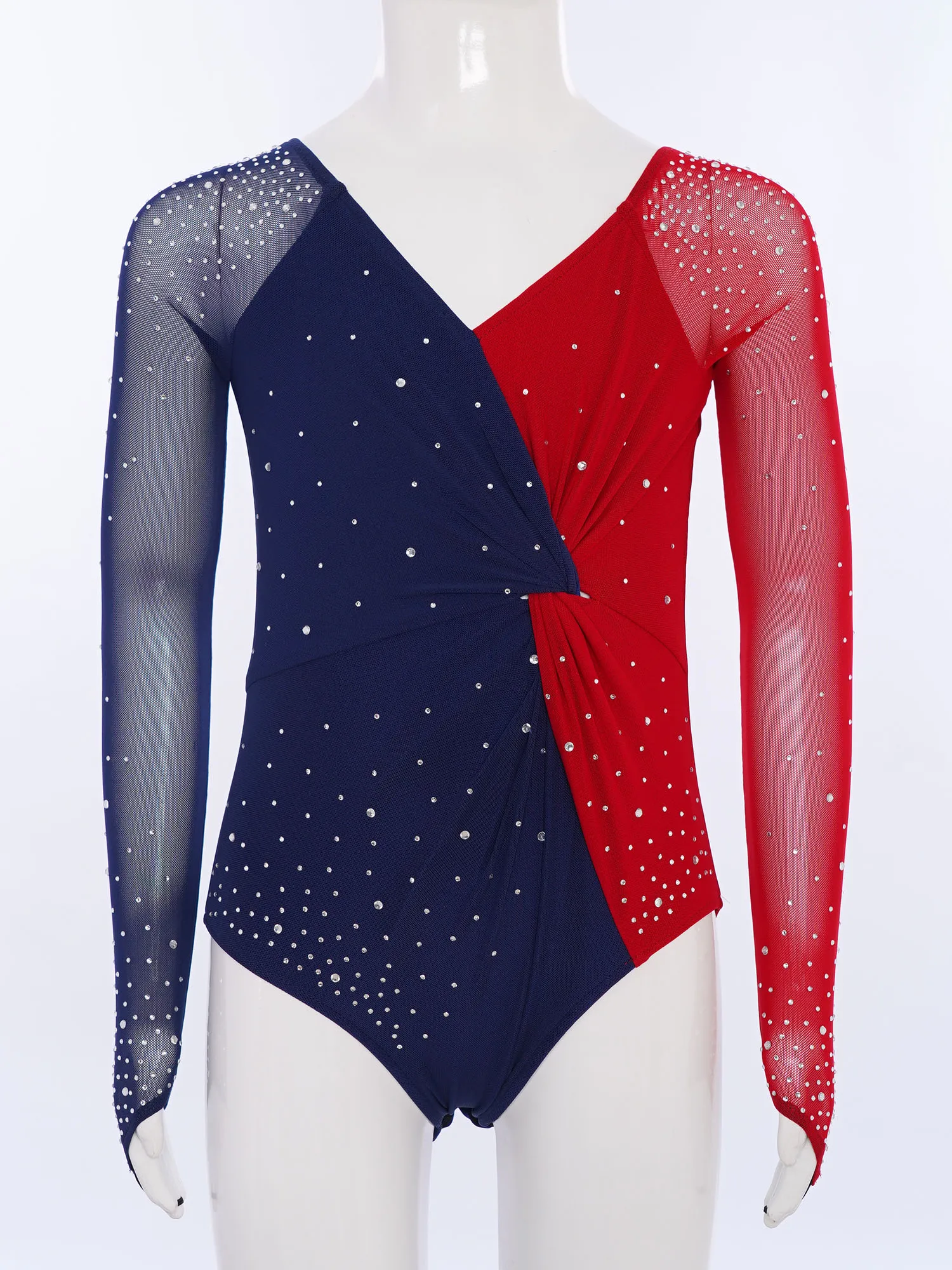 Kids Girls Figure Skating Gymnastics Leotard Sheer Mesh Cross V-Back Knot Font Color Block Long Sleeves Ballet Dance Bodysuit