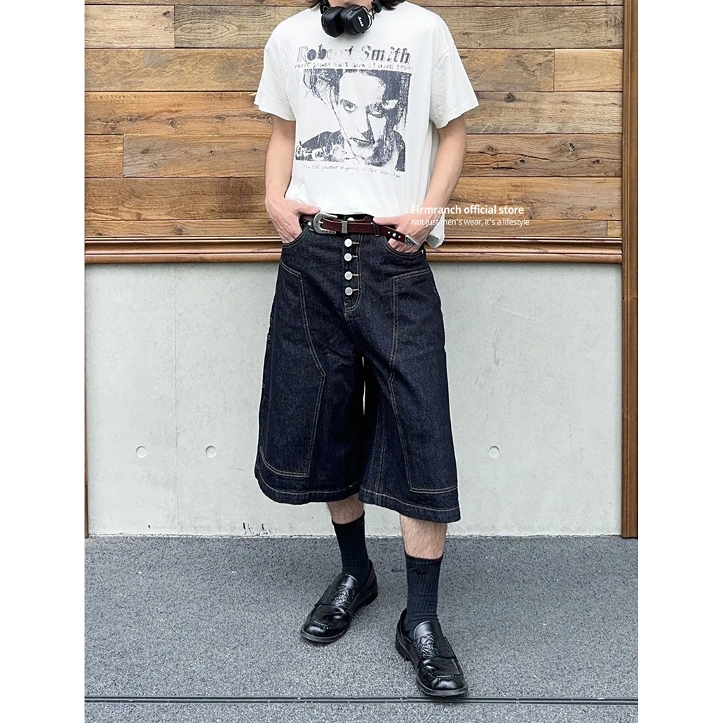 Firmranch novo americano streetwear retro chique jorts para homens mulheres parisiense abotoado solto workwear calças curtas calças cortadas