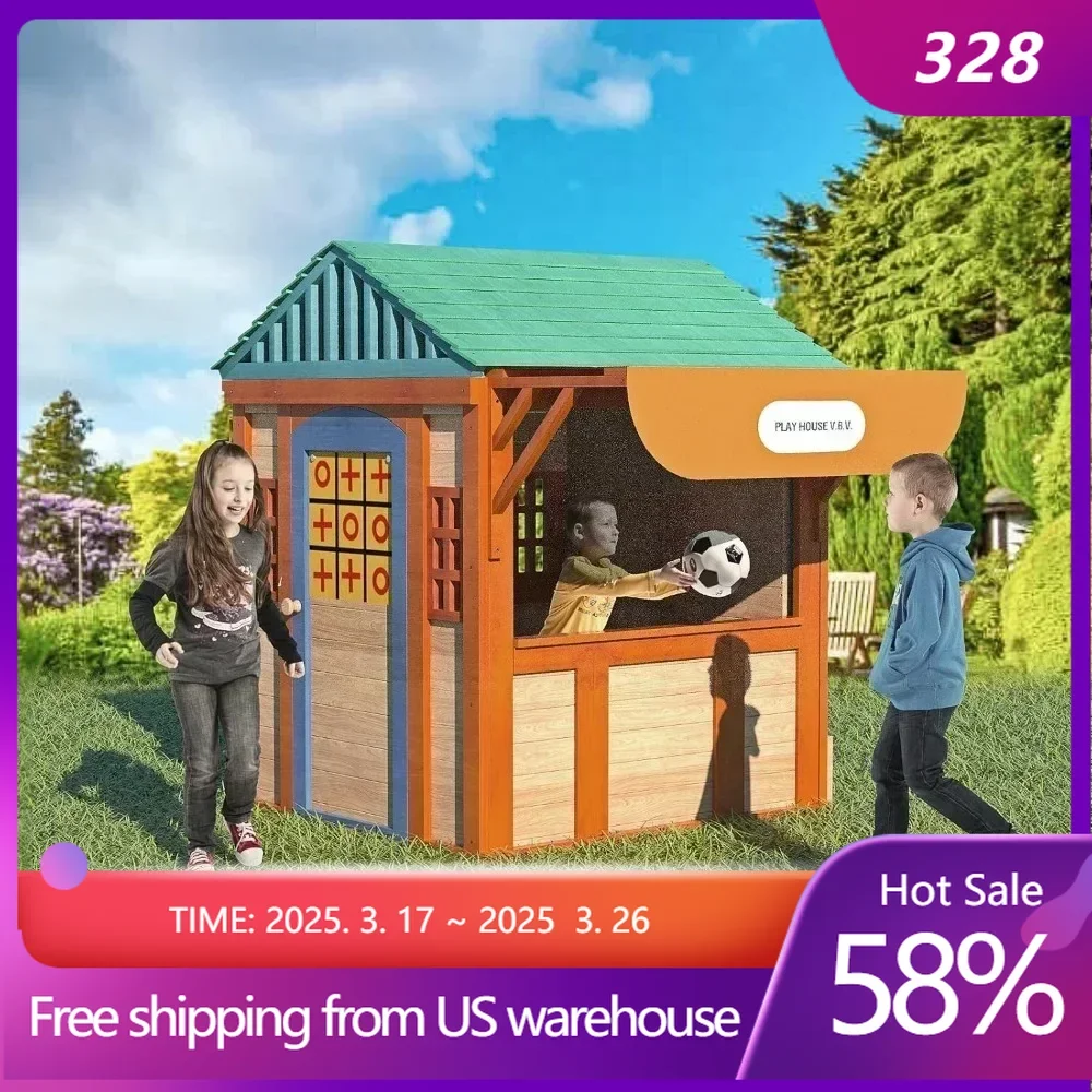 Playhouse Outside Game House Outdoor Playset for Ages 3-10 Toddler Boys Girls Wooden Adventures Cottage for Backyard Garden