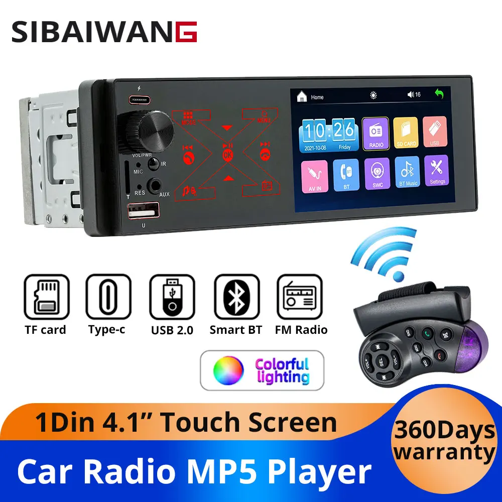 

Автомобильная магнитола 1Din с 4,1-дюймовым сенсорным экраном, Bluetooth, MP5-плеер, USB Type-C, TF, AUX, FM, RCA, аудиовход, 7 цветов подсветки, видеовход, 60W*4, 12V