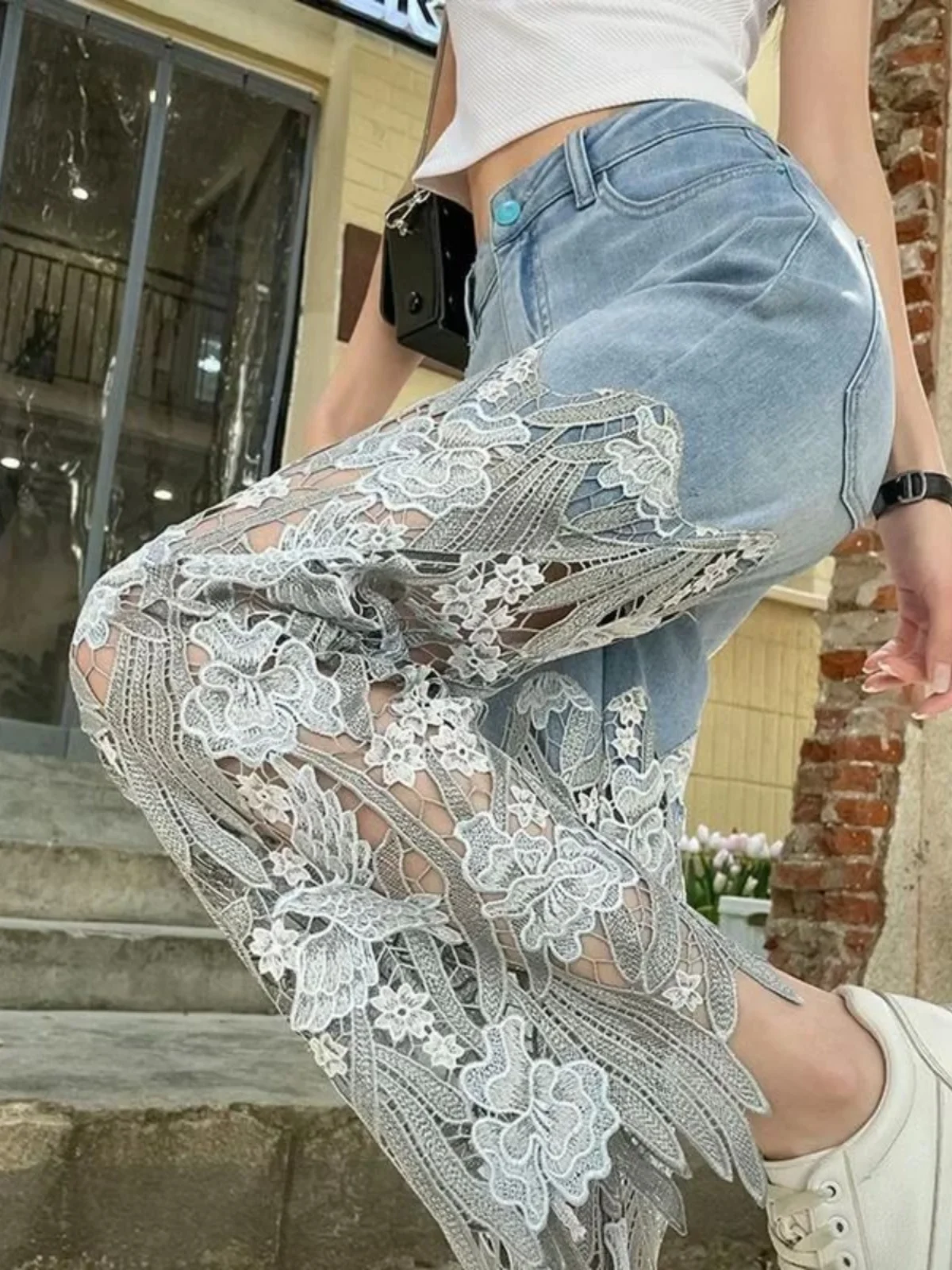 

Retro White Lace Patchwork Straightleg Jeans Asymmetric Street Sle l Waist Long Palms Stitched Straight Leg Pants