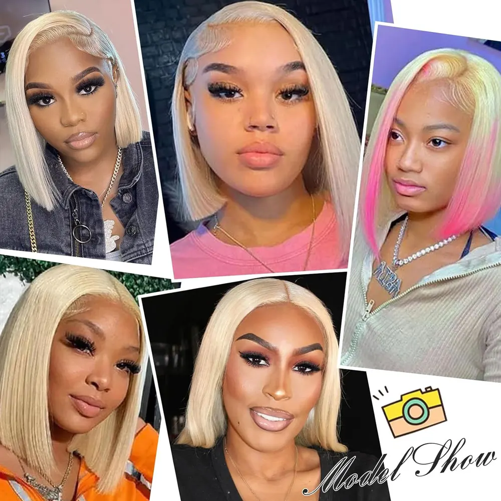 613 bob peruca dianteira do laço cabelo humano 250% em linha reta 13x4 hd renda transparente 100% peruca loira brasileira pré-arrancado com cabelo do bebê