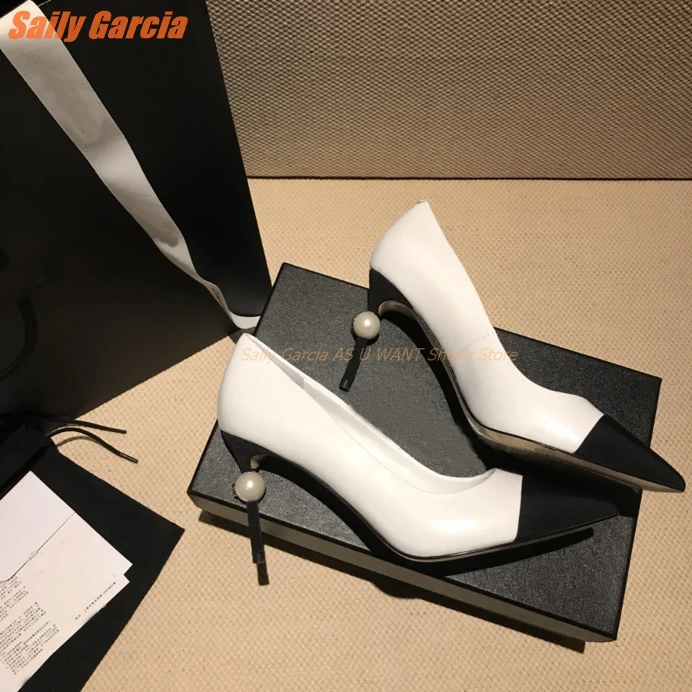 Pearl Heel Pointed Toe Pumps Splicing Sexy Commuting Thin High Heel New Arrival Daily Black White Slip On Women Shoes Leather