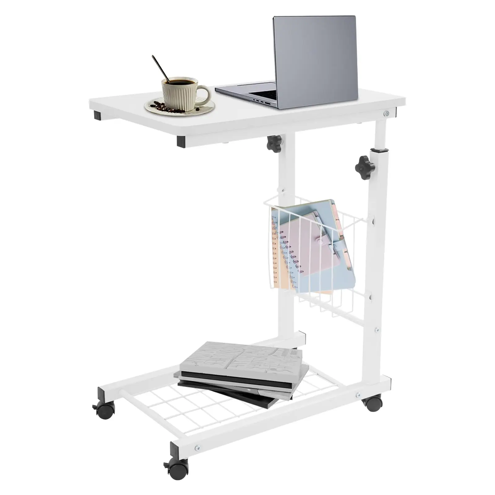 

C Shaped End Table with Storage Space, Adjustable Side Table, Mobile Standalone Desk, Overbed Tray with Wheels and Secure Height