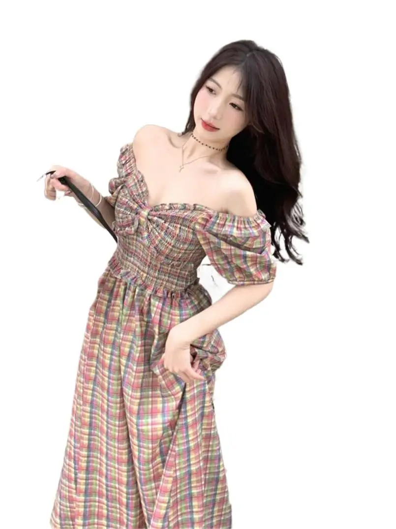 

Plaid Puff Sleeves Long Dresses New 2024 Bow Collar Vintage Sexy Club Party Vestidos Female Vacation Beach Dresses Elegant Robe