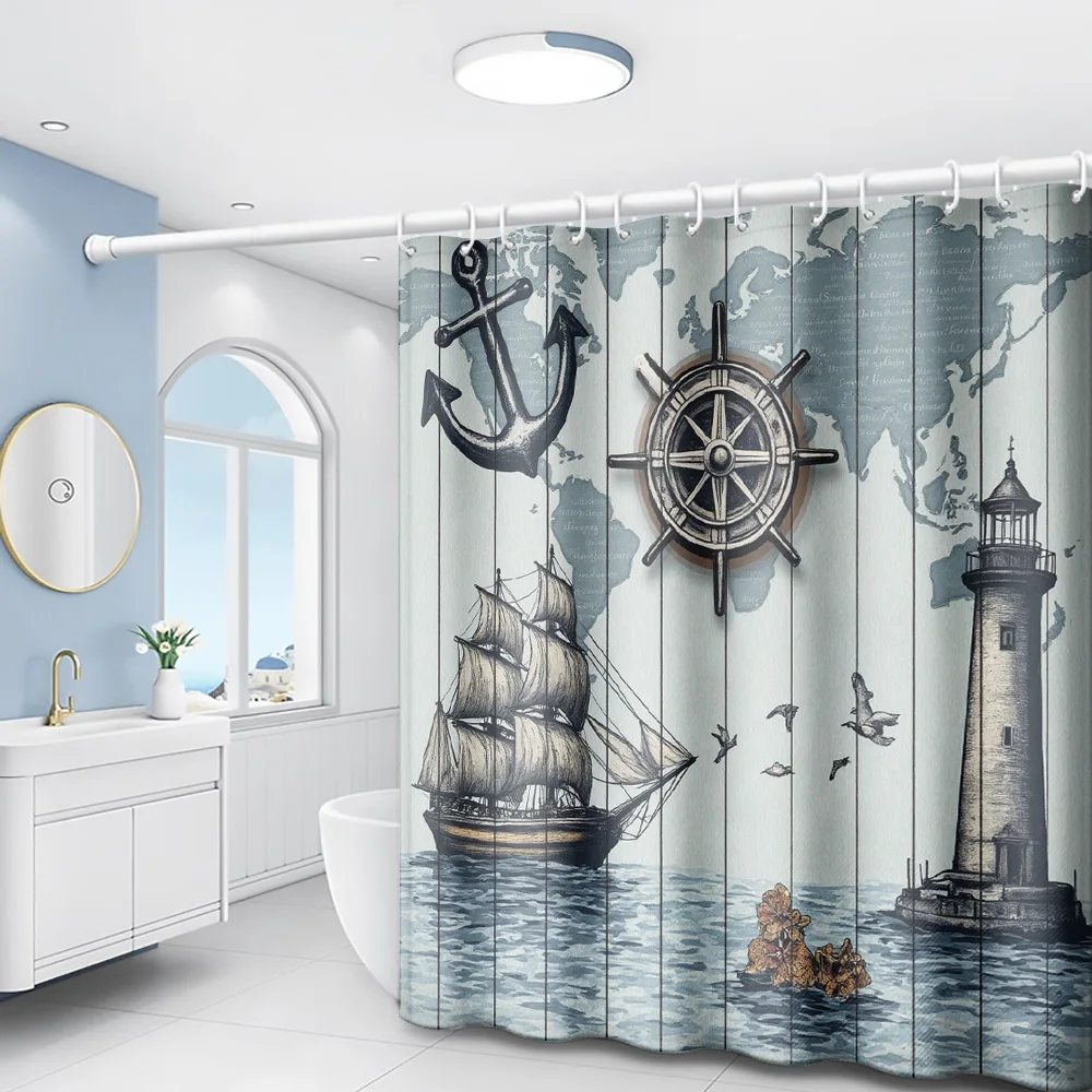 1pc Marine Nautical Shower Curtain with Anchor, Ship Wheel, Lighthouse, Seagull & Lighthouse Print - Nautical Theme Bathroom Dec