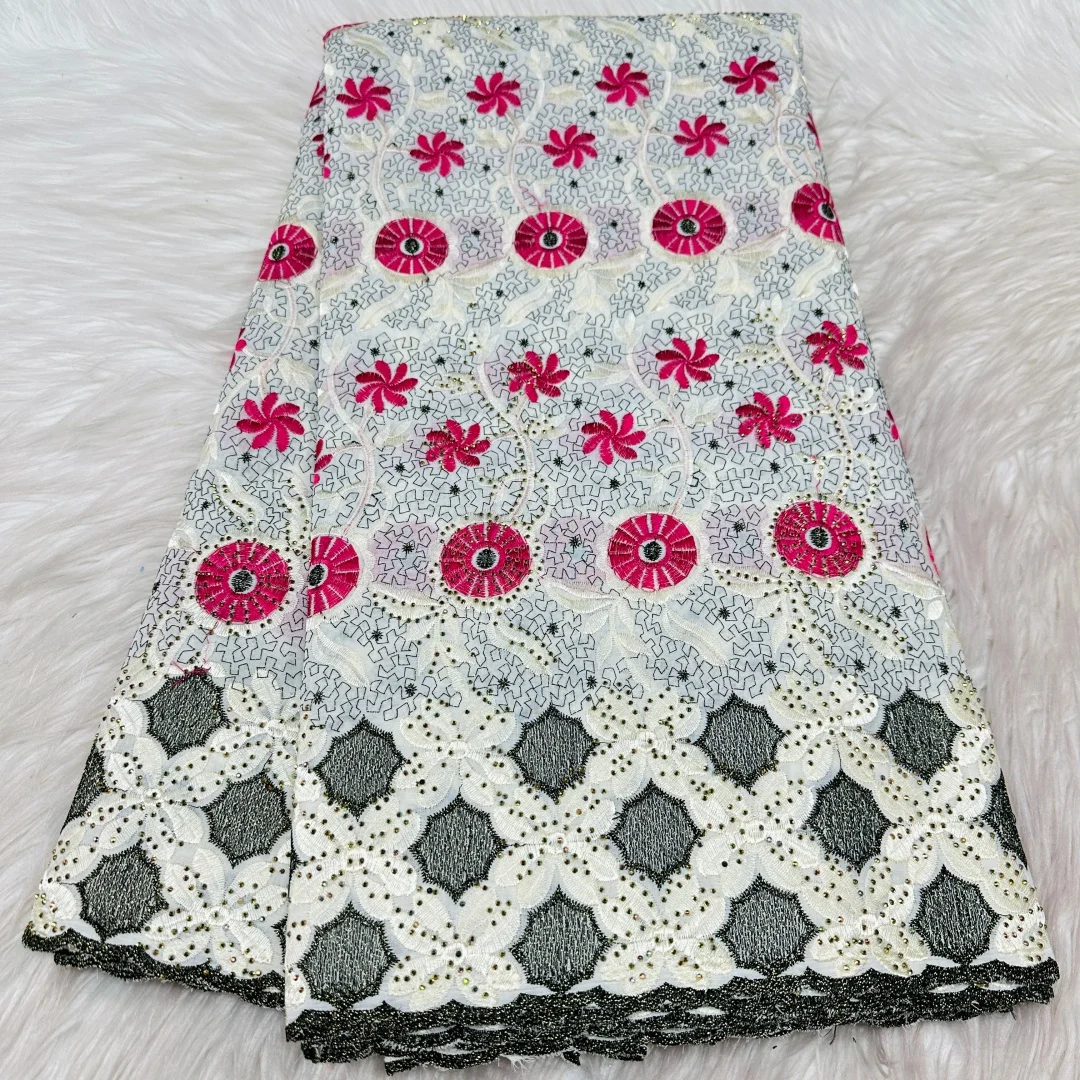 2026 Latest High Quality Nigerian 100% Cotton Lace Fabric With Stones African Swiss Voile Lace Fabric for Women's Wedding Sewing
