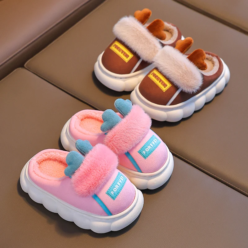 2024 New Winter Warm Cute Cartoon Indoor Mule Soft Non-slip Fluffy Slippers For Kids Teen Boys Girls Children Home Cotton Shoes