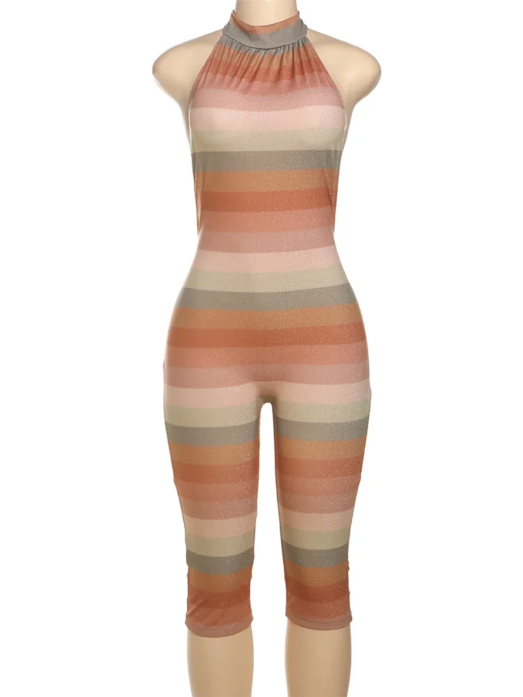 Weird Puss Backless Romper Women Colorful Print Sleeveless Summer Fit Bright Silk Midnight Club Workout Activity Sexy Overalls