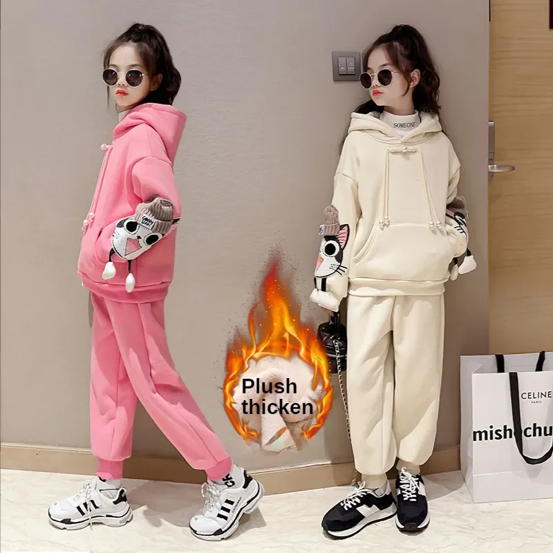 Fleece Warm Girls\' Hoodies Trousers Suit Autumn Winter Cat Printed Children\'s Sweater Jumper Casual Big Kids Sports Clothes Set