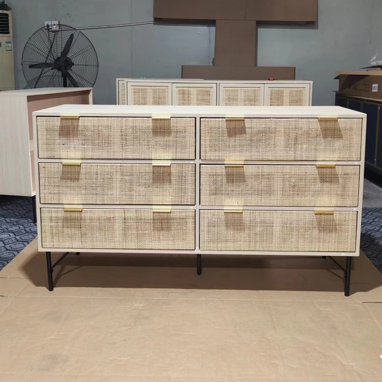 Modern Furniture Designer Wooden Kitchen Storage Cabinet Set Chest of Drawers with Rattan