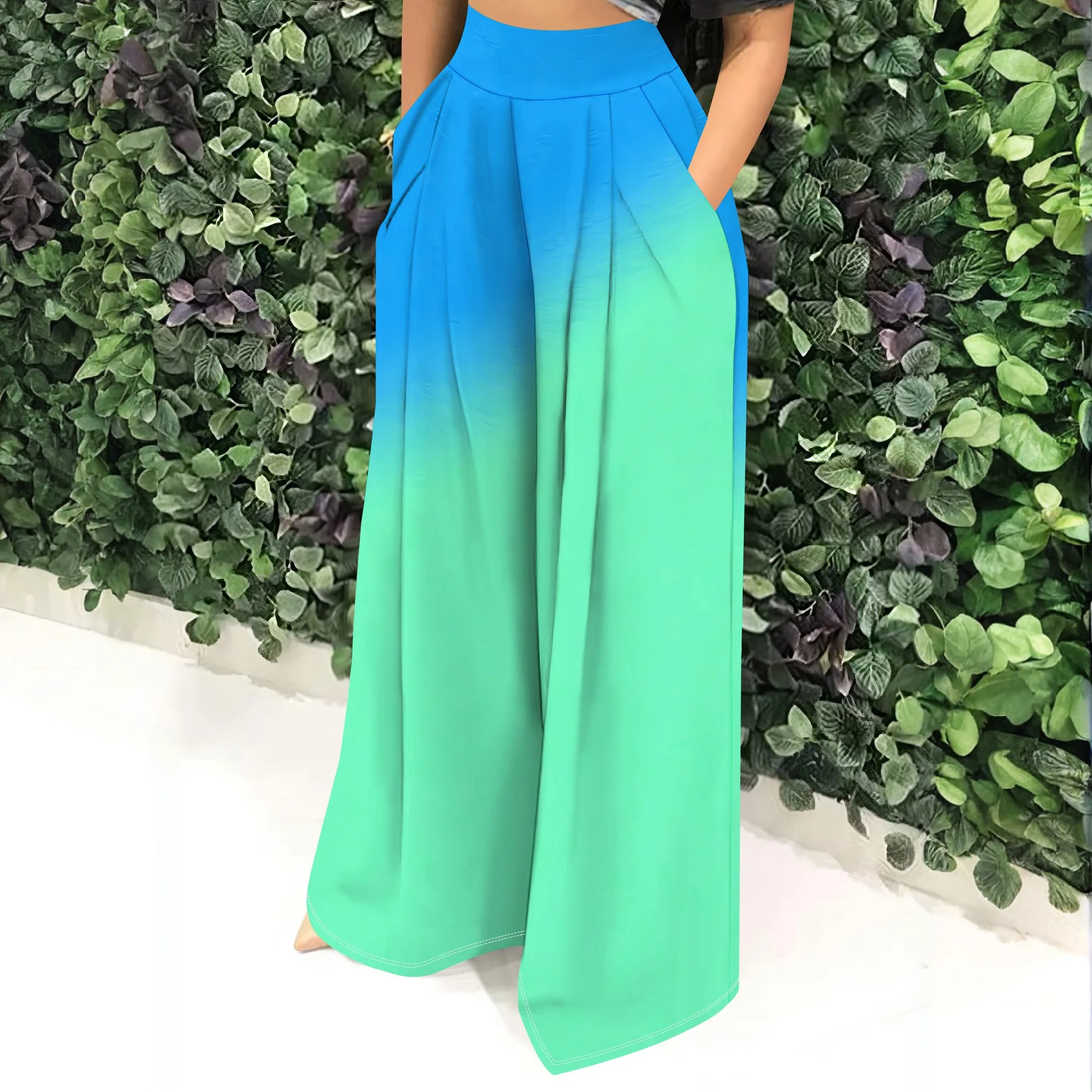 Gradient Blue Wide Leg Pants, High Waist Palazzo Trousers, Ombre Print Lounge Pants with Pockets for Women, S-2XL