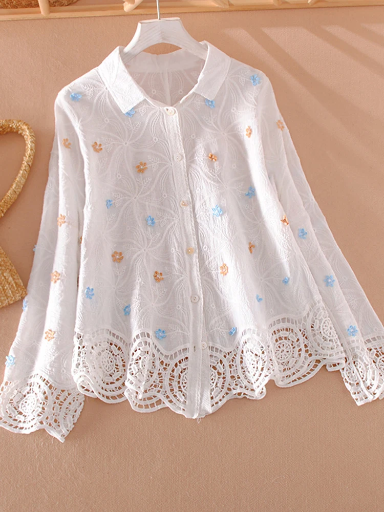 Women Embroidery blouse Lace patchwork shirt 2024 New Fashion Long sleeve Irregular tops Loose Streetwear Lady INKEO 4T110