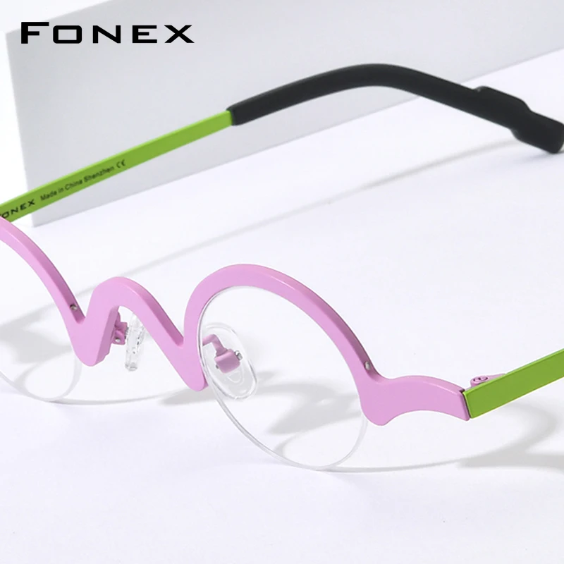 FONEX Pure Titanium Glasses Women 2026 Brand Design Retro Vintage Small Round Eyeglasses Frame Men Semi-Rimless Half Eyewear 810