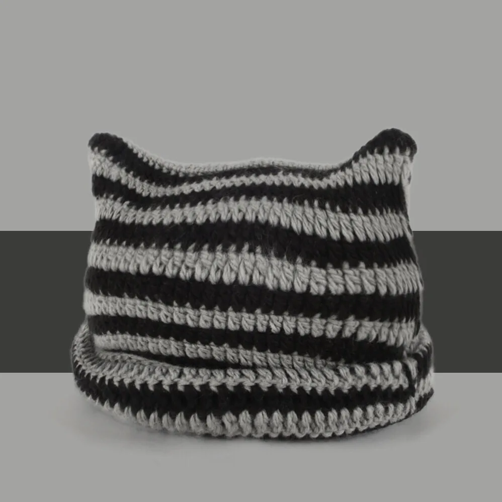 Autumn and Winter New Woolen Hat Japanese Style Little Devil Handmade Stripesd Hat Women's Cat Ears Warm Knitted Pullover Hat... image 2