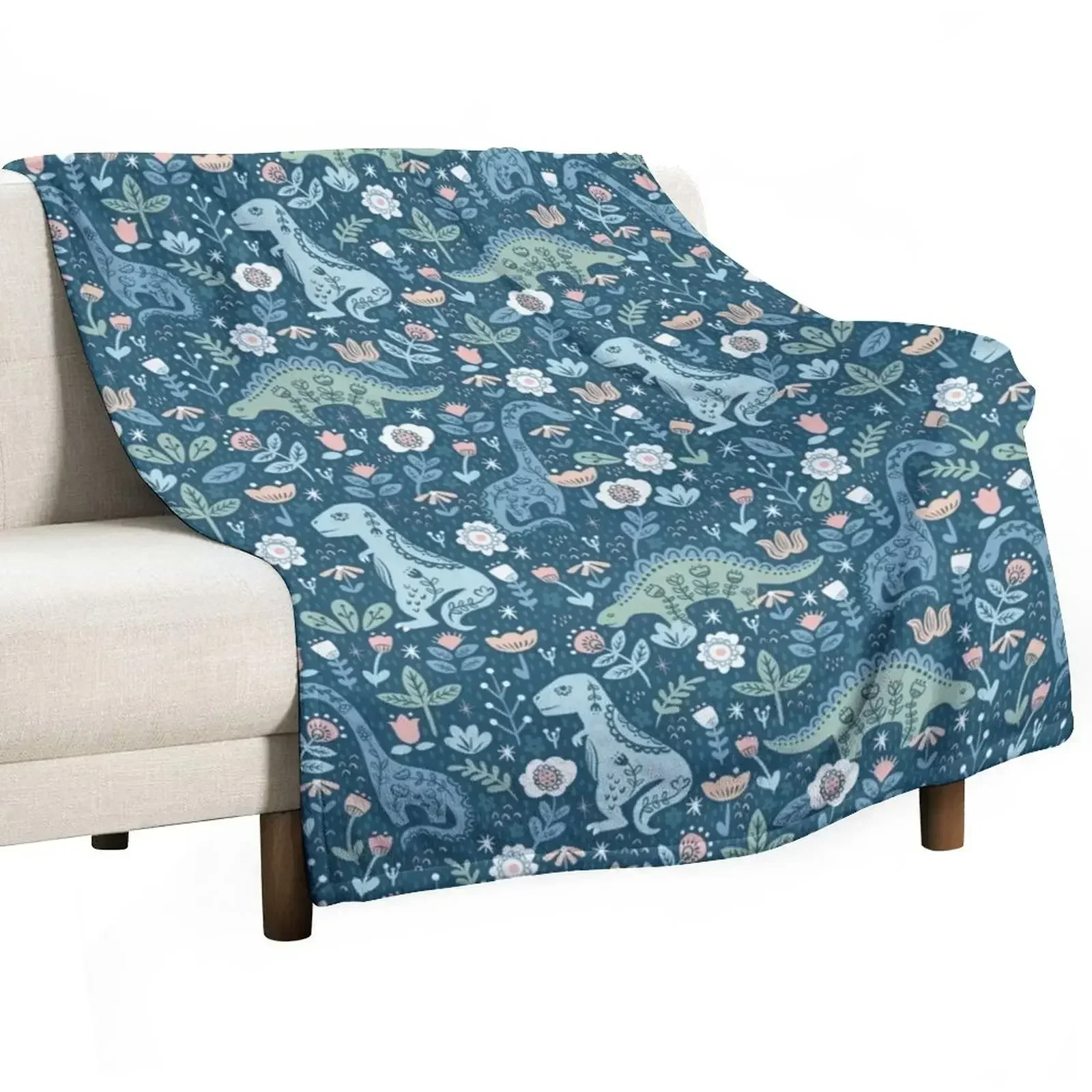 

Folk Dinosaurs in Blue Throw Blanket All Season Lightweight Soft Blanket for Bed
