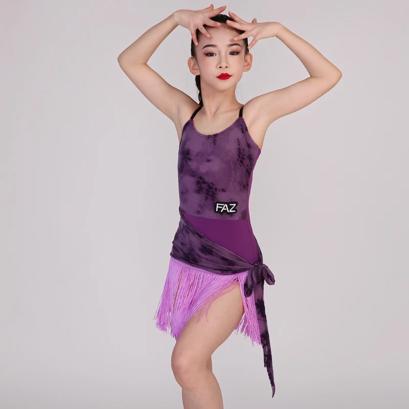 Traje profesional de baile latino Salsa Chacha para niños, vestidos morados con flecos para baile latino, ropa de entrenamiento para niños SL12470