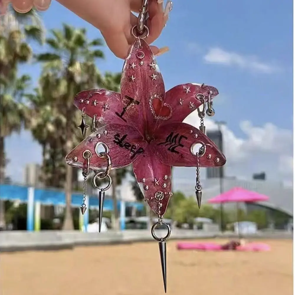 Lovely Phalaenopsis Orchid Lilium Brownii Flower Pendant Punk Rivet Colorful Rhinestone Keychain Creative Y2k Bag Charm Women