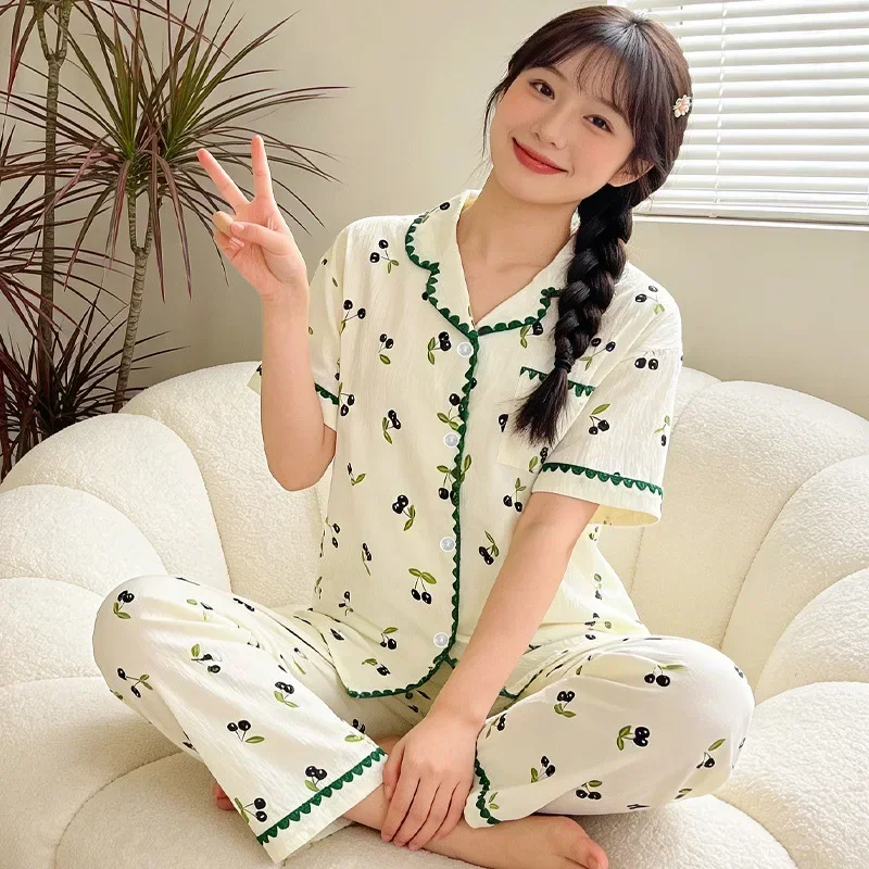 Frühling Sommer Damen Casual Einfaches 2-teiliges Set Loungewear Mädchen Kirschmuster Kurzarm Lange Hose Pyjama Damen Halbmond-Verzierung Homewear