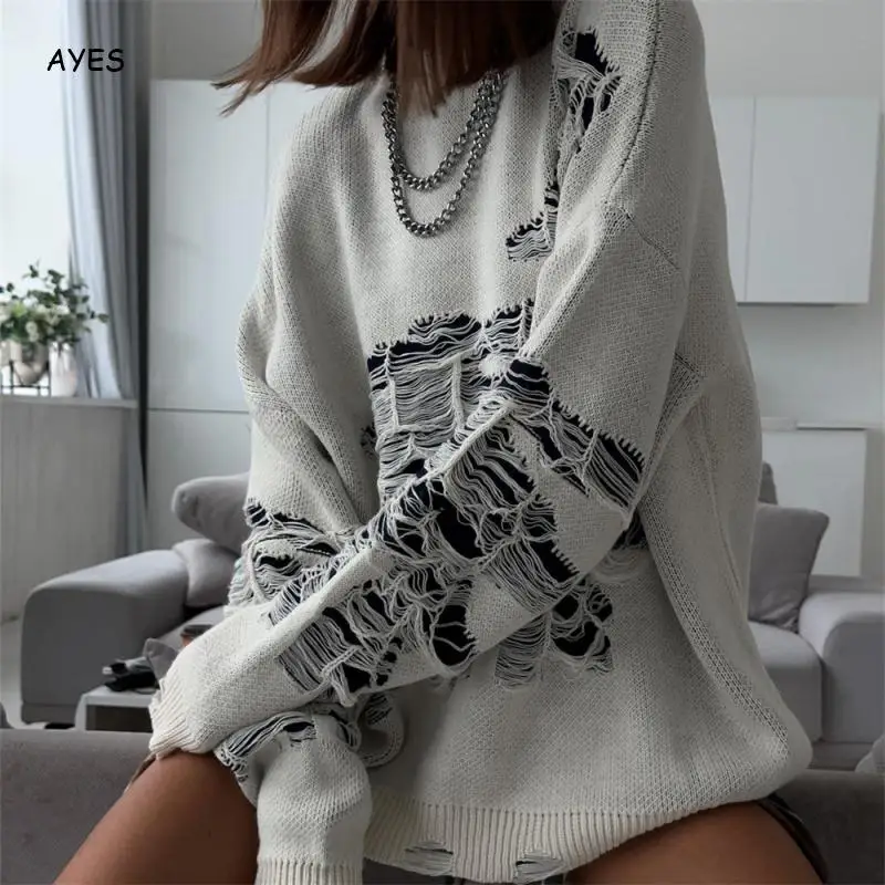 

Black Ripped Sweater Loose Thermal Hollow Long-Sleeved Knitted Sweater Women'S Top Outer Wear Pullover Knitwear Layer Clothing