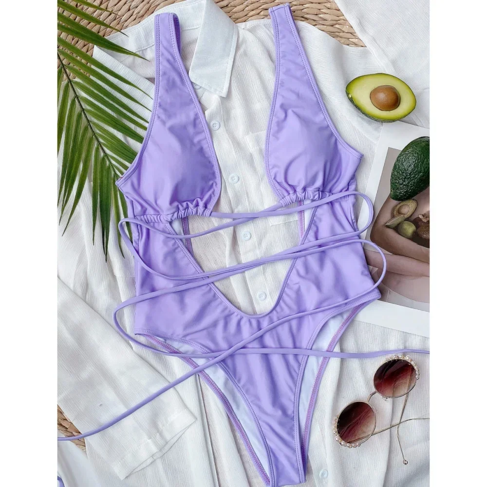 Bikini morado ahuecado con cordón para mujer, bañador Sexy de una pieza, traje de baño de vendaje con Espalda descubierta, traje de baño Y2k para playa