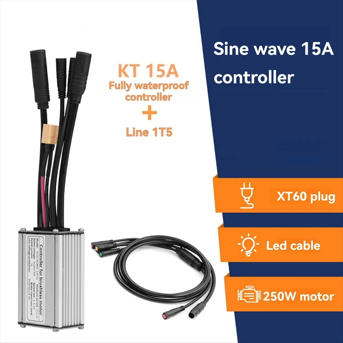 ABIU Electric Bicycle Controller with 1T5 Light Wire KT-15A Waterproof Sine Wave Controller Essential E-Bike Accessory