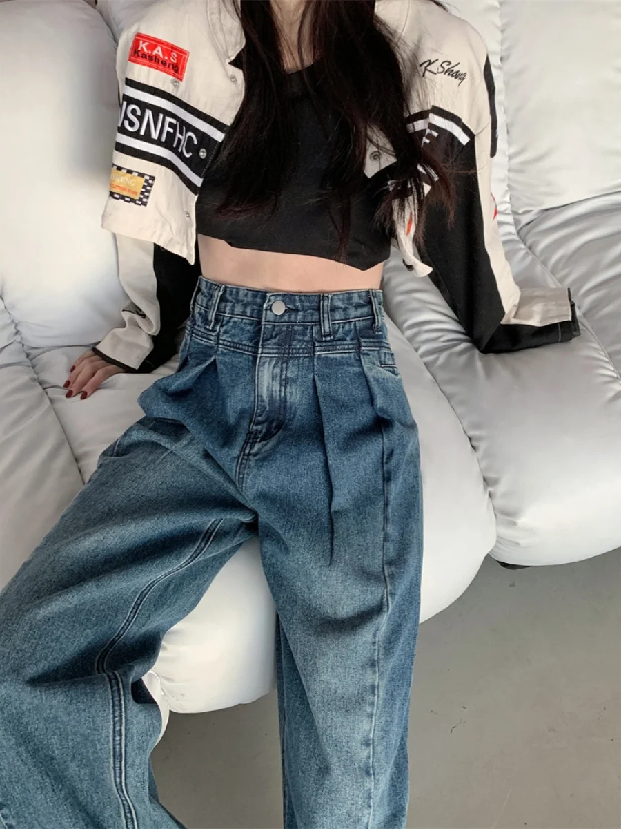 하이웨이스트 와이드 레그 데님 진 여성용 루즈 슬림 스트레이트 레그 팬츠 플로어 렝스 바지 가을 패션 플러스 사이즈