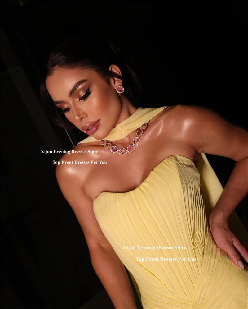 Xijun Желтые шифоновые вечерние платья трапециевидной формы Милая плиссированные платья макси для выпускного вечера Вечерний шарф без рукавов Пром платья по индивидуальному заказу