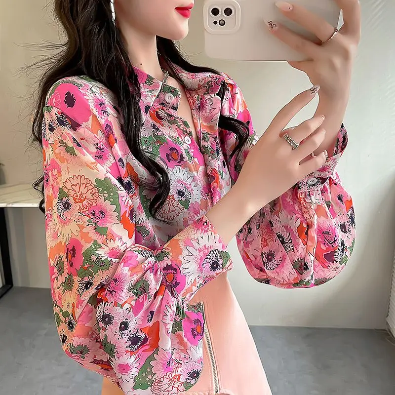 Fashionable and Stylish Floral Pink Shirt for Women in Spring 2024 Thin Top Chiffon Shirt for Women Slim Lantern Sleeve Shirt