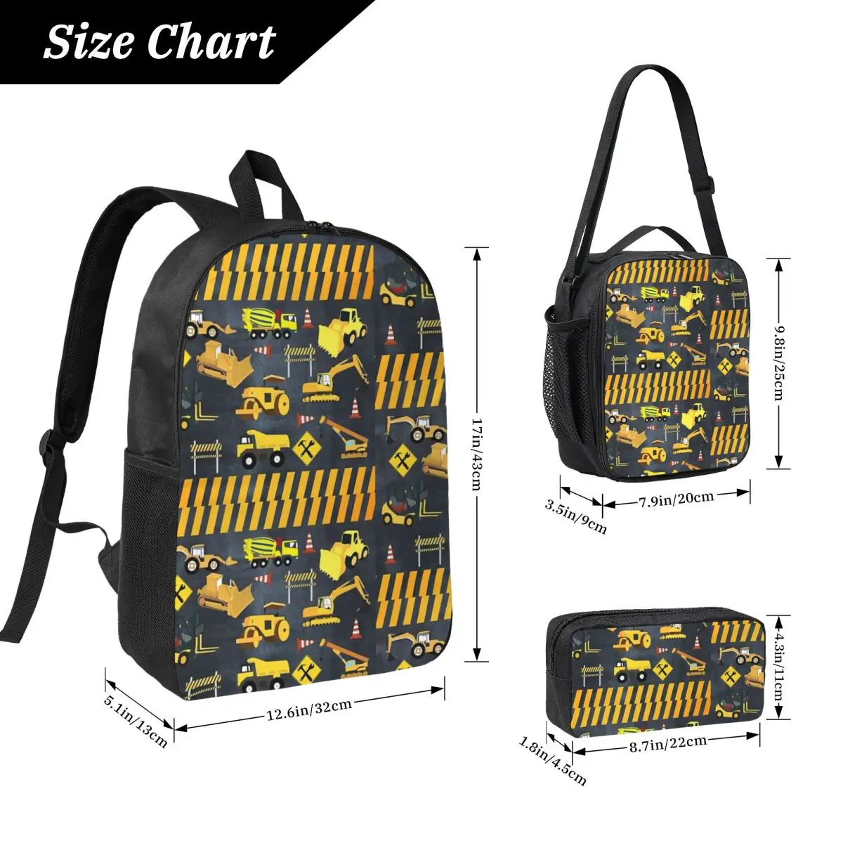 Construction Trucks Heavy Machinery Kids Backpack BookBag School Bag Laptop Shoulder Bags 3ps Insulated Lunch Bag Pencil Case