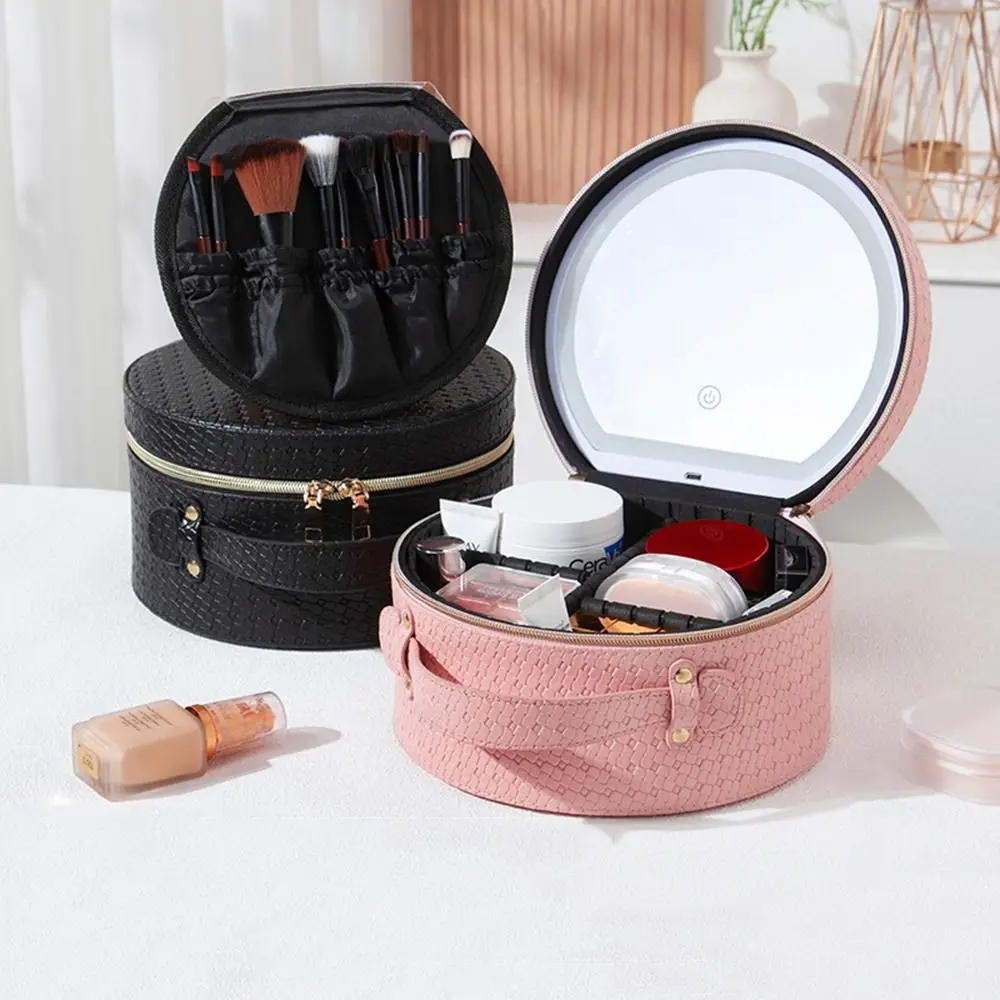 

Portable Makeup Case with Lights PU Leather Adjustable Dividers Travel Toiletry Organizer Large Capacity USB Powered