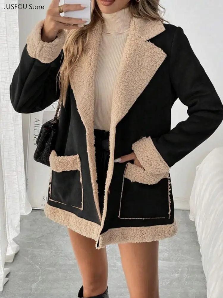 Abrigo de Piel Sintética y Lana Sintética para Mujer, Otoño-Invierno, Largo Medio, Solapa Holgada, con Pelo Sintético Integrado, Cálido