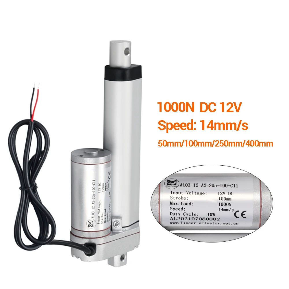 1000N DC 12V Linear Actuator Push 100kg 1000N 50mm 100mm 150mm 200mm 250mm 300mm 350mm Stroke Linear Drive Electric Motor 14mm/s