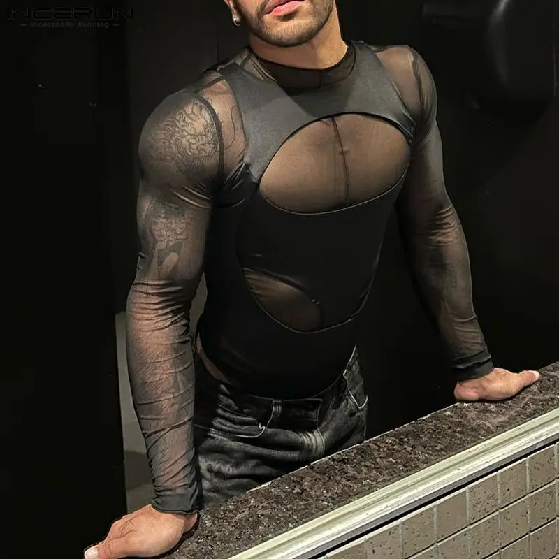 Men Bodysuits Mesh Patchwork O-neck Long Sleeve Fitness Sexy Rompers Men T Shirts Transparent Hollow Out Bodysuits S-5XL INCERUN