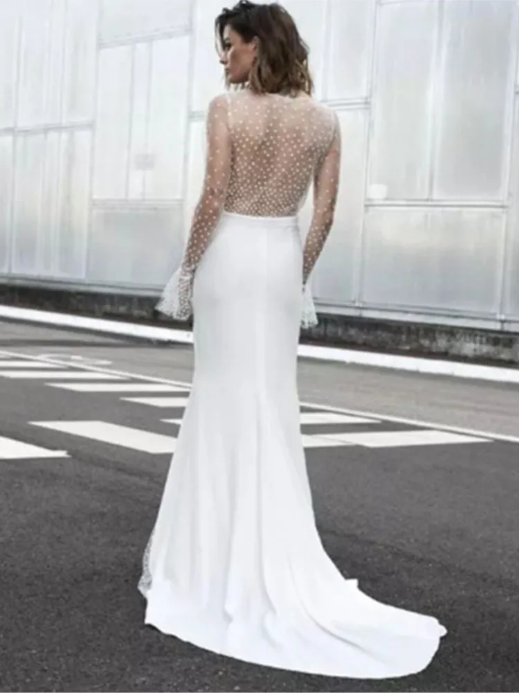 Robe longue en dentelle transparente pour femmes, Sexy, col en v, nouvelle mode d'été, élégante, manches longues, Slim, portefeuille, hanche, robes de soirée de vacances