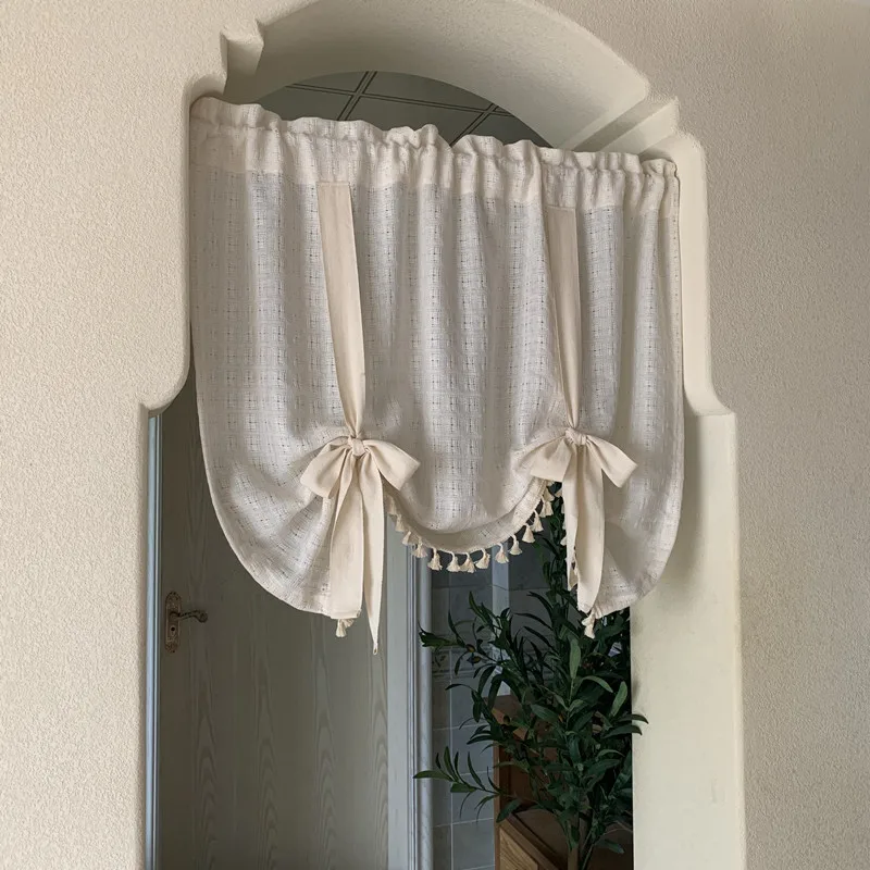 Nordic linen beige crochet half curtain kitchen cabinet coffee curtain small window rod pocket short curtain pull curtain blacko