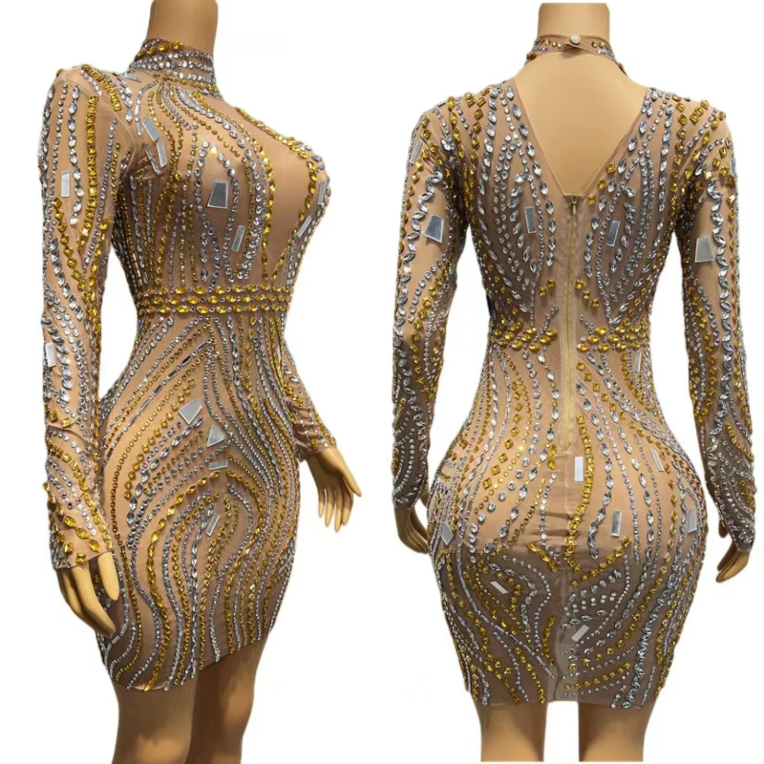 

Elegant Women Sparkly Crystals Tight Fitting Short Dress Birthday Celebrate Party Long Sleeved Evening Dress Sexy Couture Xishui