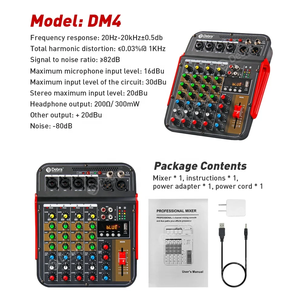 2025 رائجة البيع Debra Audio DM4 المحمولة 4 قناة الرقمية DJ جهاز مزج الصوت الصغير مع تأثير تردد الأسنان الزرقاء 48 فولت لتسجيل الكمبيوتر B