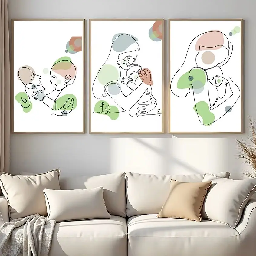 Mordern Abstract  Line Wall Art, Minimalist Mother and Baby Canvas Painting, Mother Gift Poster Print For Room Bedroom Decor