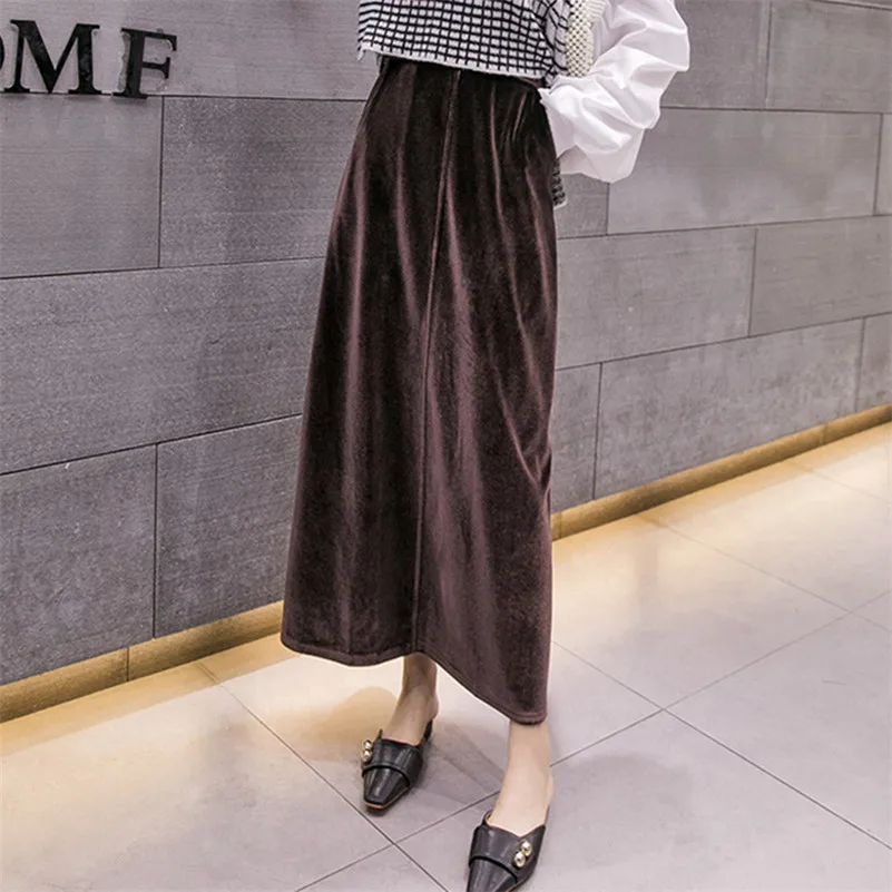 Womens Thick Autumn Winter Warm Skirts Elastic High Waist Velvet Vintage Faldas Office Ladies Work Wear Elegant A-line Skirts