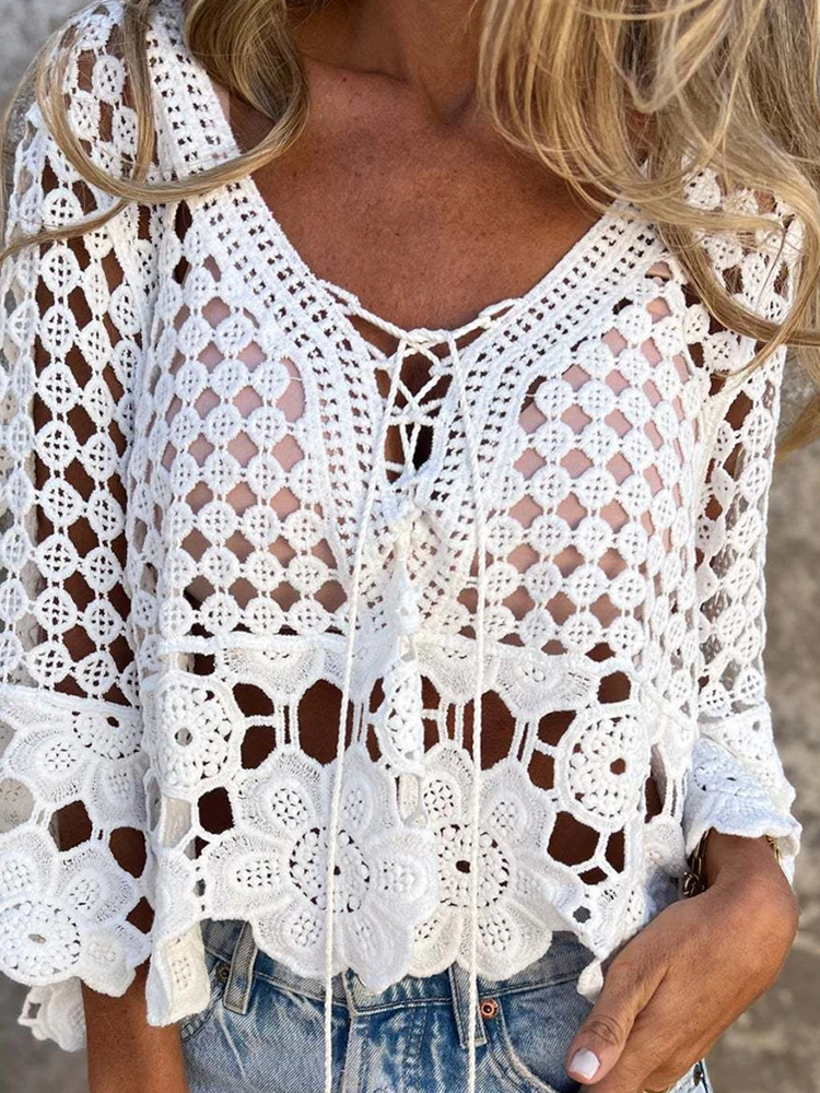 Sexy Women's V Neck Hollow Knitted T-shirt Spring Summer Ties Up Loose Bohemian Holiday Blouses Casual Flared Sleeve Bikini Top