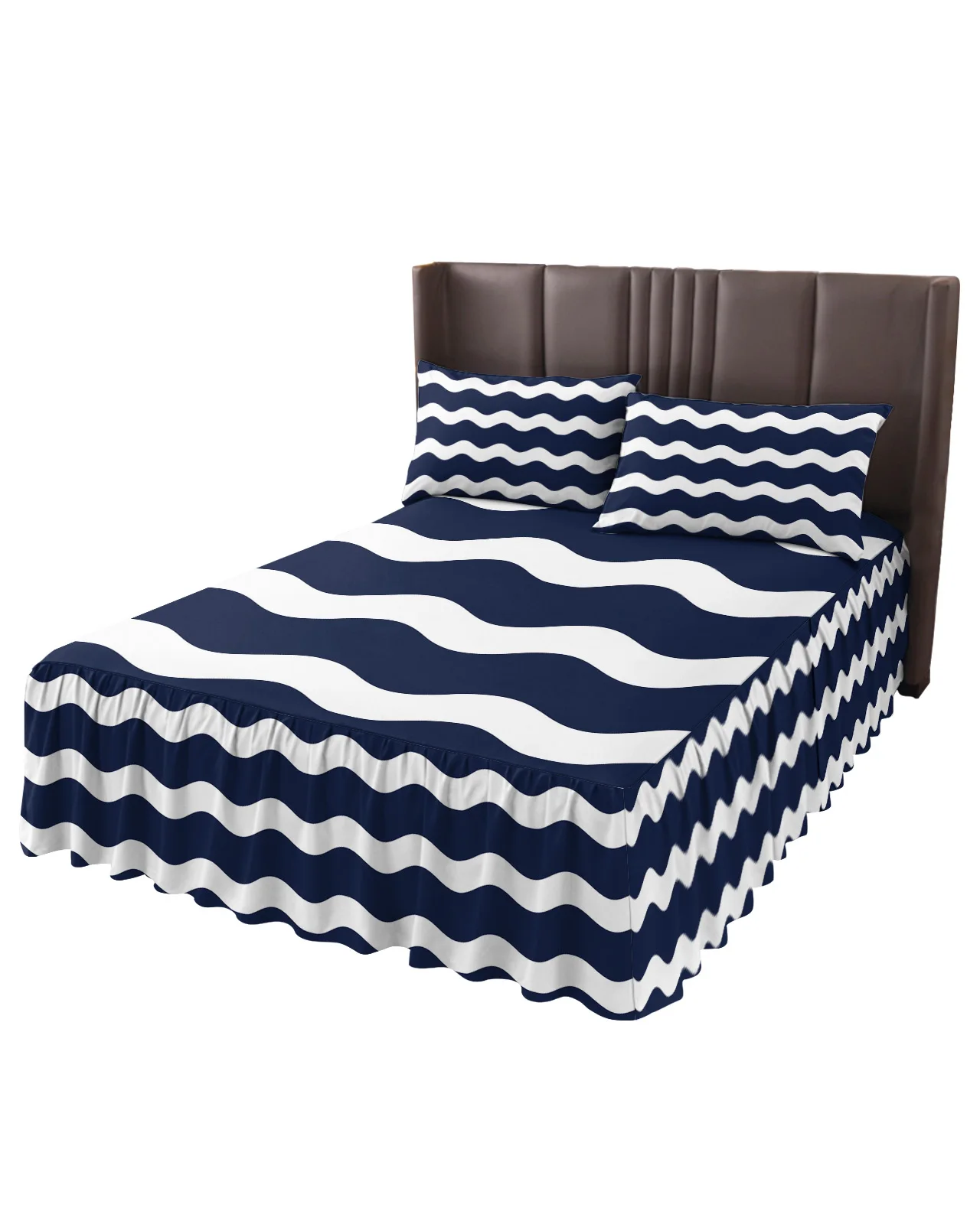 Navy Blue Ripple Waves Bed Skirt Elastic Fitted Bedspread With Pillowcases Bed Protector Mattress Cover Bedding Set Bed Sheet