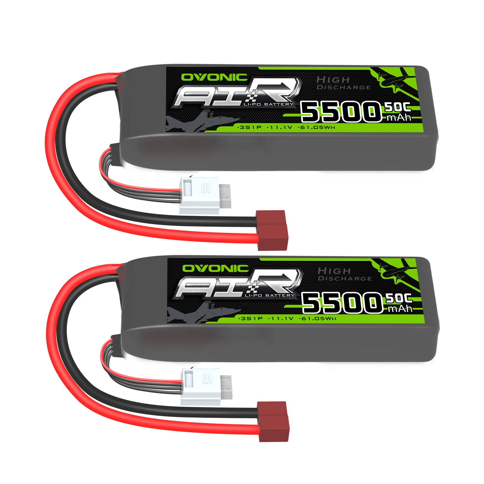 Batteria Lipo OVONIC 3s 50C 5500mAh 11.1V con Connettore T per Aeromodelli RC, Quadricotteri, Elicotteri, Droni FPV, Confezione da 2